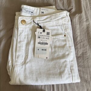 Zara White Denim Pants with Gold Accents